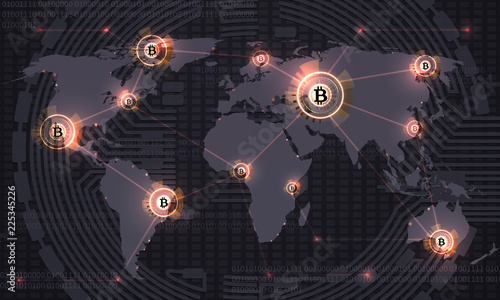 Global bitcoin. Crypto currency blockchain technology and world map. Crypto currency trade vector abstract background. Finance internet payment, bitcoin currency, crypto map transfer illustration