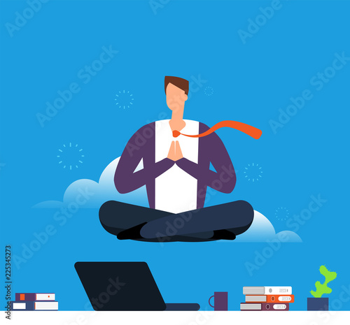 Man doing yoga and meditation. Businessman hanging in lotus pose over office desk. Calm down and avoid stress in work vector concept. Concentration position and meditating, business yoga illustration