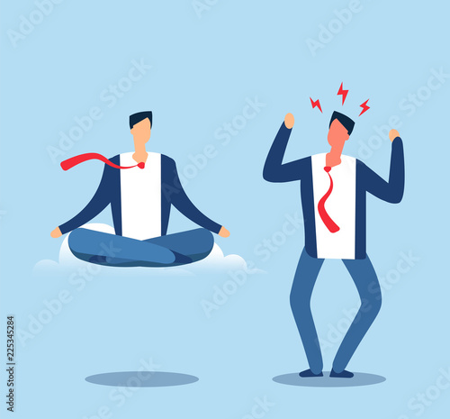 Angry and calm. Adult man experiences stress and meditates in the lotus position. Happy and angry person. Vector business concept man yoga meditating and anxiety excitement illustration