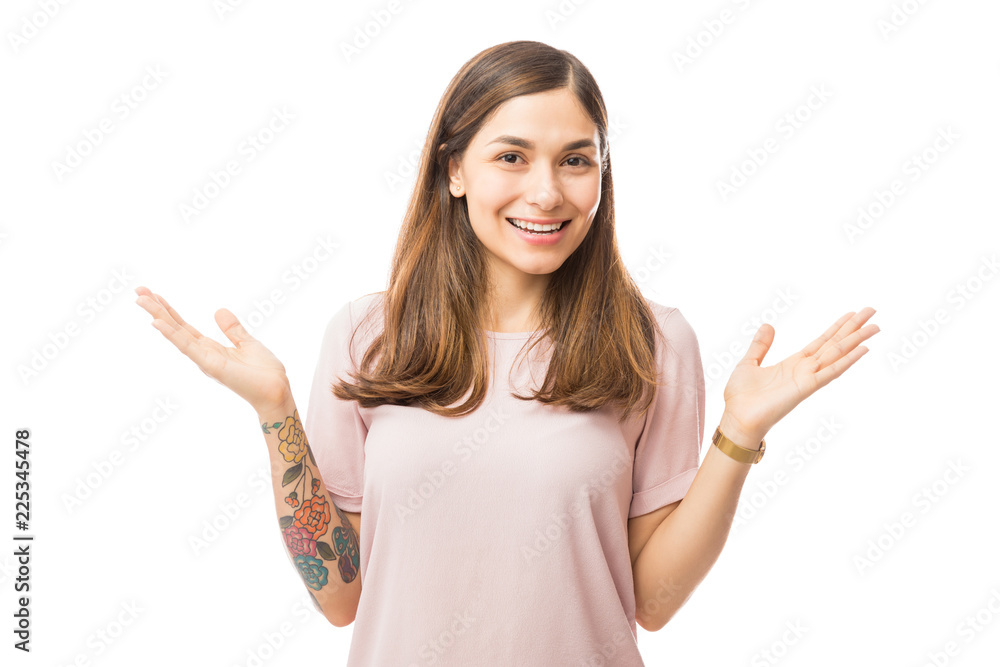 Female Presenting Product Over White Background Female Presenting Product Over White Background