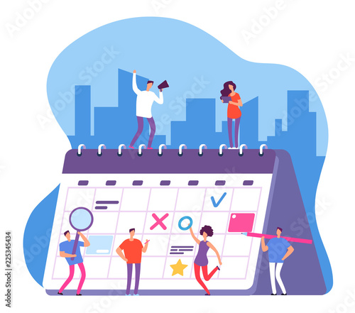 People and calendar. Entrepreneurship schedule plan, work planning. Persons with whiteboard organizer vector concept. Illustration of organizer and calendar work, date and time plan