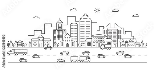 Line city. Outline town street with buildings and cars. Modern vector doodle cityscape and transportation. Illustration of town and city street line