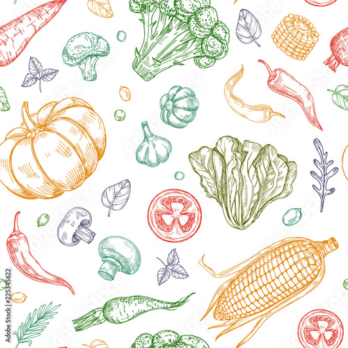 Sketch vegetables seamless pattern. Vegetable soup organic farm food vector vegetal background. Illustration of organic food pattern vegetable