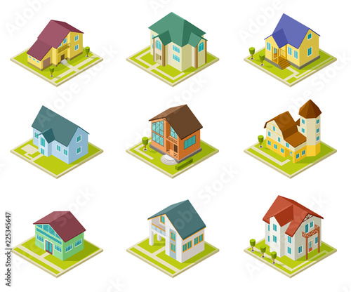 Isometric houses. Rural homes, building and cottages. 3d housing urban exterior vector set. Cottage exterior home collection illustration
