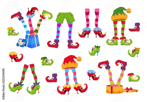 Elf feet. Elves foot in shoes and hat. Christmas dwarf leg in pants with santa gifts isolated vector set. Elf boots, christmas striped leprechaun foot illustration