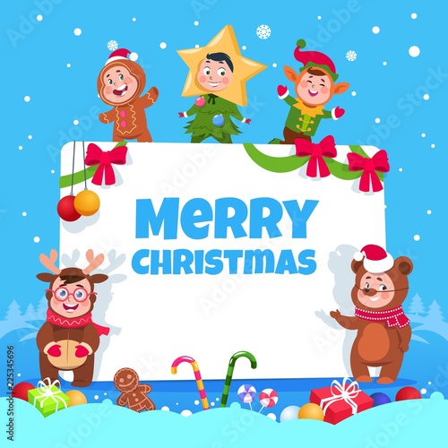 Merry christmas greeting card. Kids in christmas costumes dancing at childrens winter holiday party. Vector poster xmas party children, holiday celebration illustration