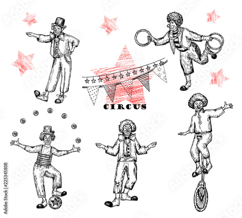 Retro circus performance . Sketch stile vector illustration. Hand drawn imitation. Clowns set. Vector objects.
