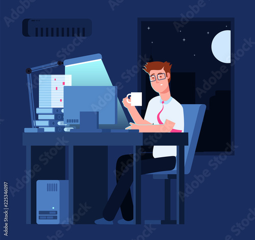 Work late concept. Man at night in office with pile of paper and laptop. Business vector background. Illustration of business man in office