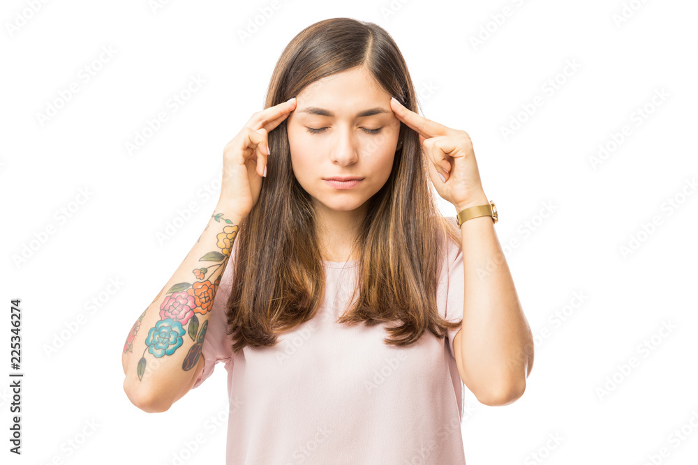 Woman Applying Gentle Pressure On Temple Of Her Head Woman Applying Gentle Pressure On Temple Of Her Head
