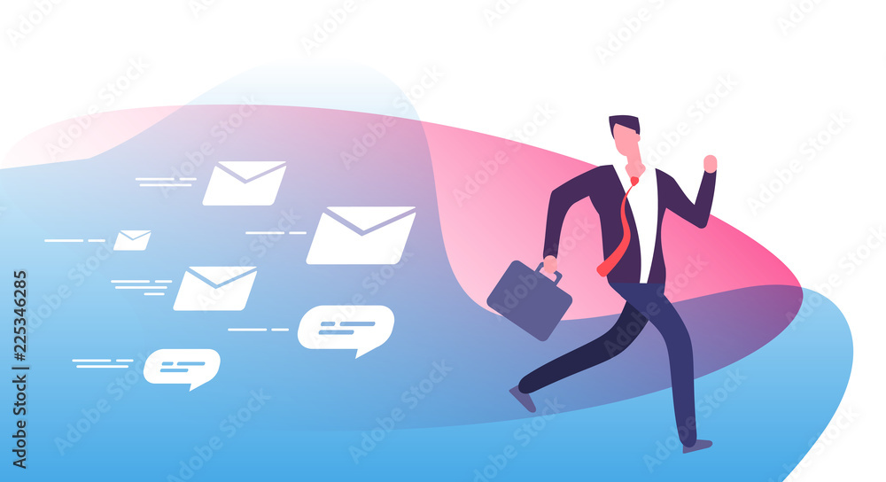Fototapeta premium Escape plenty notifications. Frightened busy businessman run away from clients feedback emails. Email pursuit man vector concept. Many notification message, bubble note spam illustration