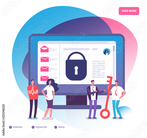 Email encryption. Internet data protection, business assets security system. Email encrypted and online backup service vector concept. Computer security and protection, network email illustration
