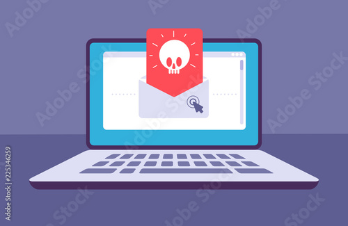 Email virus. Envelope with malware message with skull on laptop screen. E-mail spam, phishing scam and hacker attack vector concept. Spam threat on laptop, virus online malware illustration