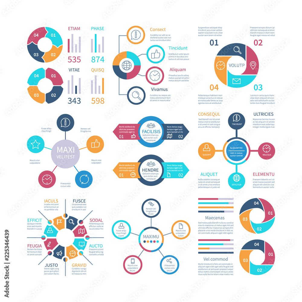 Infographic design. Pie charts and step circle diagram, text layouts bar graphs and histograms. Vector infographics set of color infochart illustration Infographic design. Pie charts and step circle diagram, text layouts bar graphs and histograms. Vector infographics set of color infochart illustration