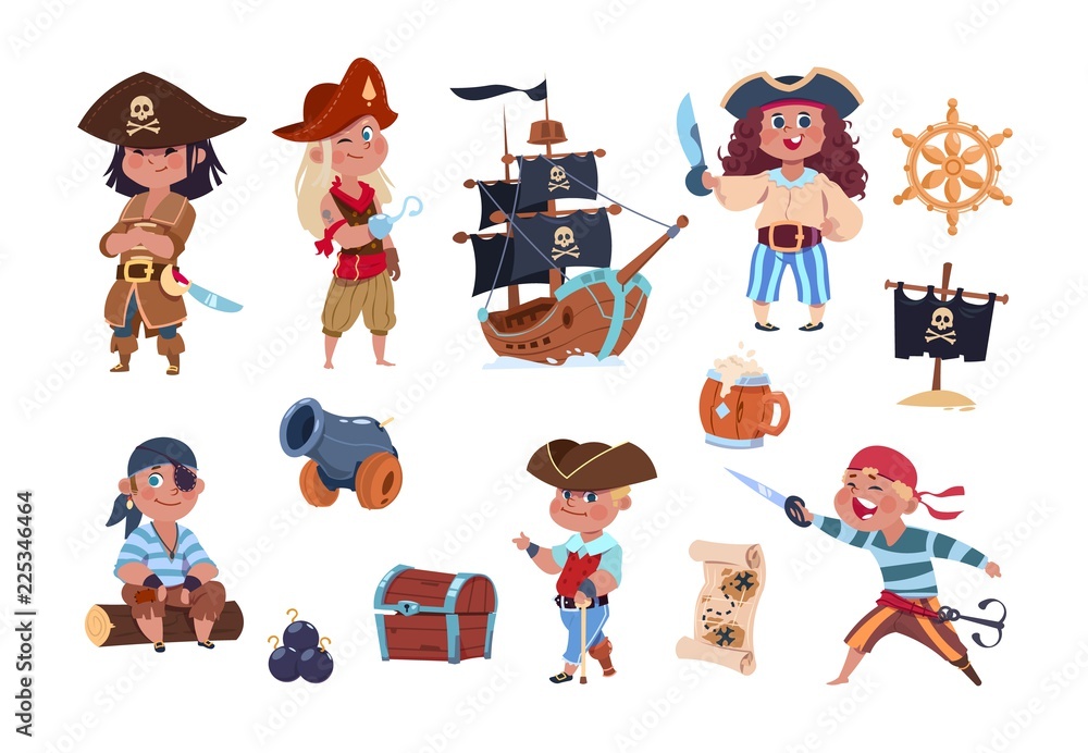 Cartoon pirates. Funny pirate captain and sailor characters, ship treasure  map vector collection. Captain ship character, pirate children illustration  Stock Vector | Adobe Stock