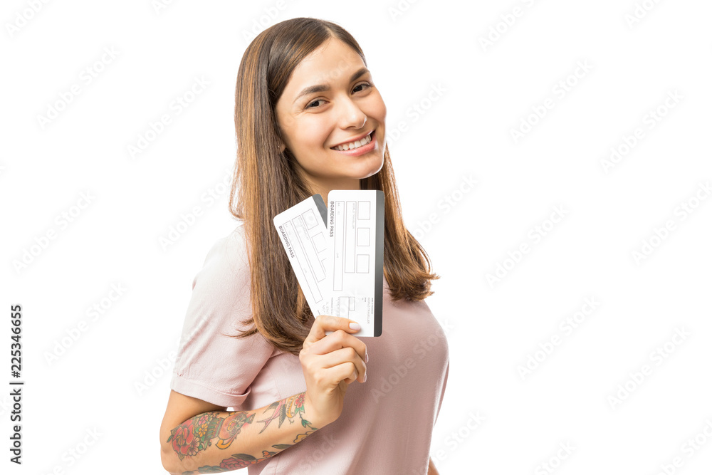 Happy Young Woman Showing Her Boarding Pass Tickets Happy Young Woman Showing Her Boarding Pass Tickets