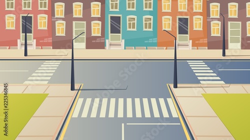 Crossroad cartoon street urban landscape. Road city crosswalk background illustration.