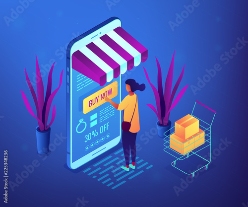 Female shopper buying with mobile phone and shopping cart with purchases. Online purchase and order, buy now, add to cart and online sale concept. Ultraviolet neon vector isometric 3D illustration.