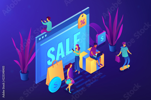 Browser window with sale and buyers with gadgets shopping online. Online sales pro, online coupon and special offer, cash back and discount concept. Ultraviolet neon vector isometric 3D illustration.