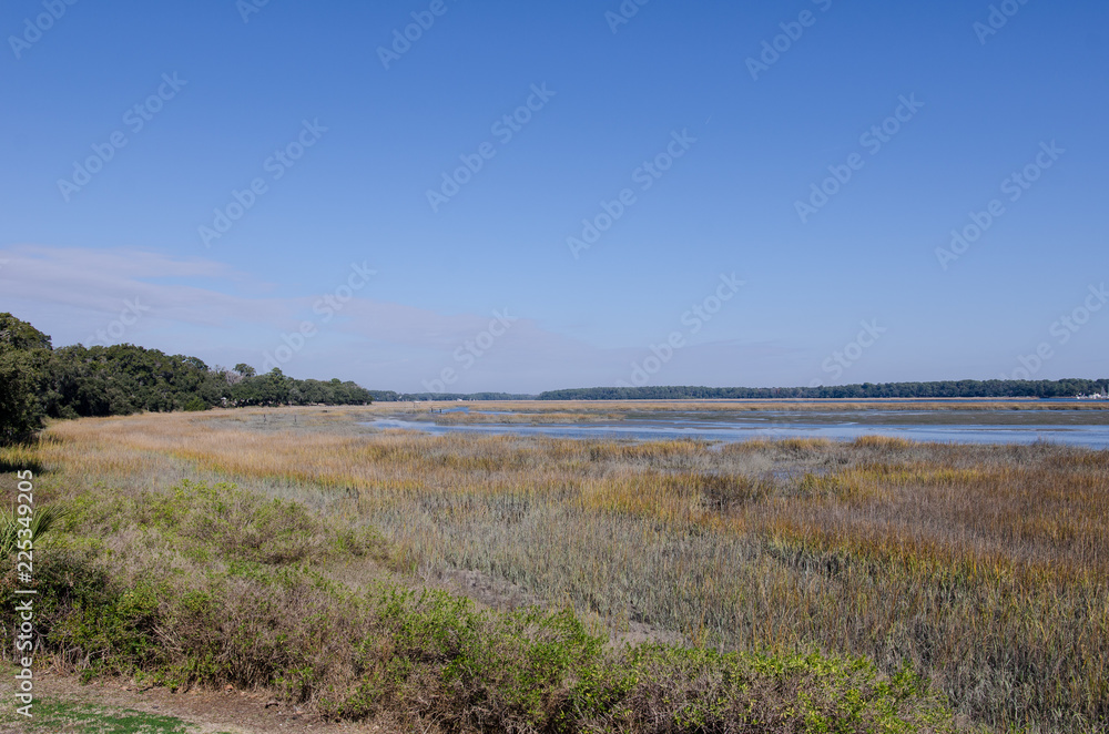 Wetlands and marsh area in Beaufort South Carolina, at low tide on a sunny day