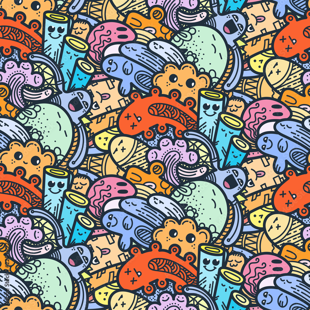 Funny doodle monsters seamless pattern for prints, designs and coloring books Funny doodle monsters seamless pattern for prints, designs and coloring books