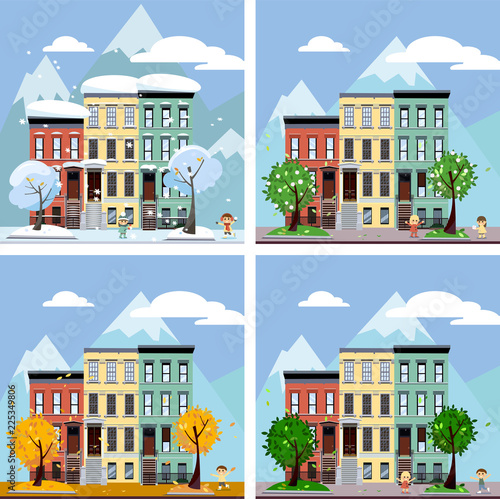 Four seasons in the city, vector illustration. Summer, fall, spring and winter cityscape. Different times of year. European City Urban Landscape with Vintage Houses and Trees with playing children