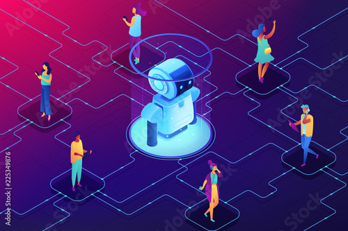 Robot interacting with people with digital gadgets. Robot network security, human-robot interaction and chatbot, social robotics and media concept. Ultraviolet neon vector isometric 3D illustration.