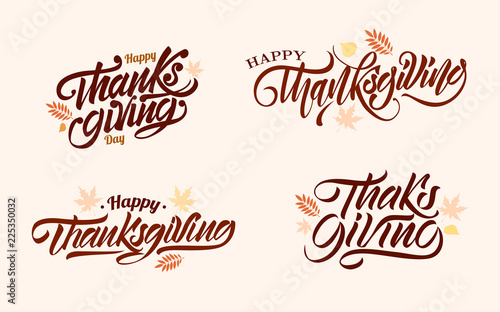 Set of happy thanksgiving day in lettering style with autumn leaves. Vector illustration design.