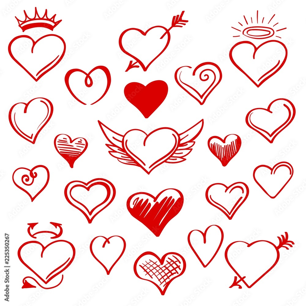 Hand drawn hearts. Vector red sketch heart set with wings and arrows, crown and horns for st valentine day