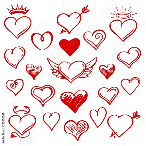 Hand drawn hearts. Vector red sketch heart set with wings and arrows  crown and horns for st valentine day