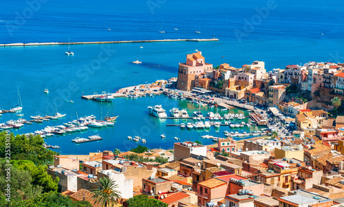 Aerial view of harbor and historic part of Castellammare del Golfo, province of Trapani, Sicily island, Italy