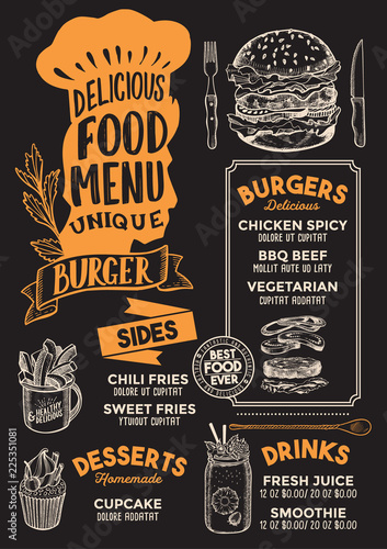 Burger food menu template for restaurant with chefs hat lettering.