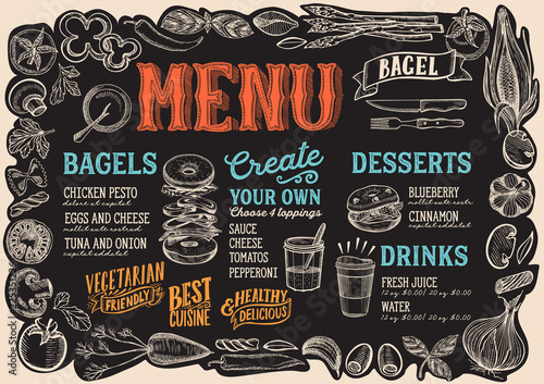 Bagel and sandwich menu for restaurant with frame of graphic vegetables.