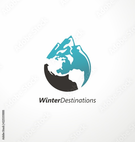 Winter destinations travel agency logo. Creative symbol made from mountain shape and globe. Vector icon, emblem, logo, sign.