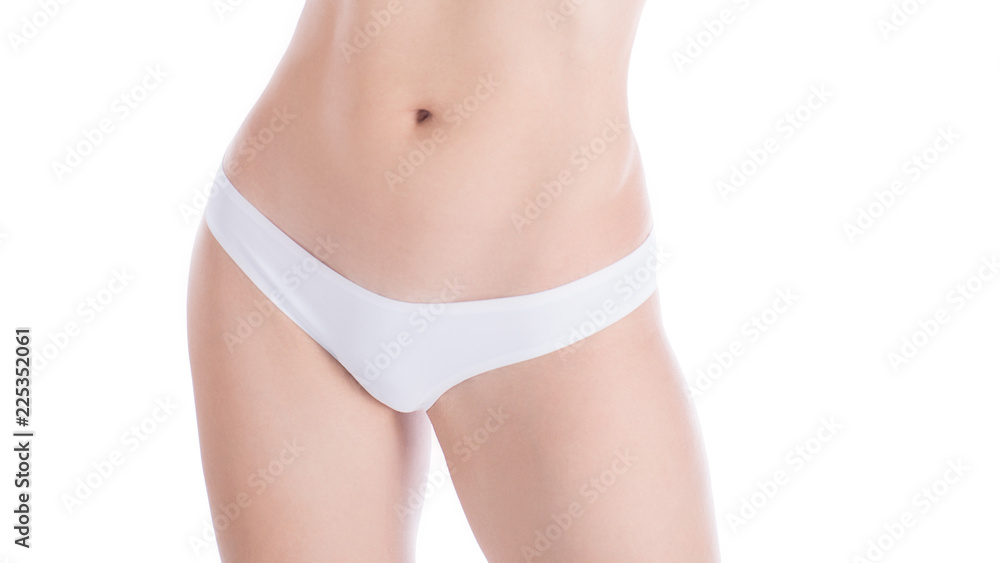 Female cropped hips in white base underwear, isolated on white