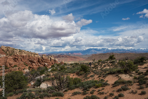 Vast desert landscape inside of Arches National Park. Clouds and blue sky with desert sagebrush in foreground