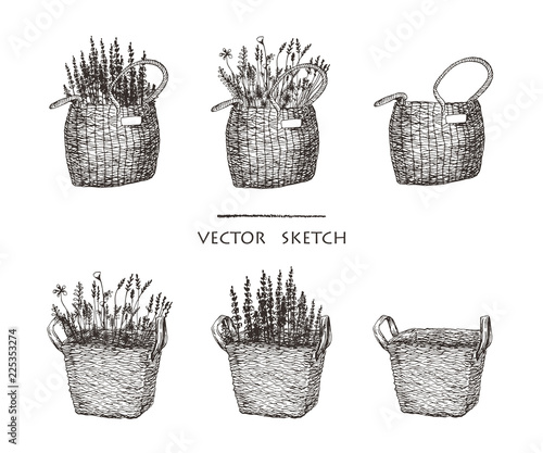 Vector illustration. Wicker baskets with flowers. Ethnic style vector sketch.