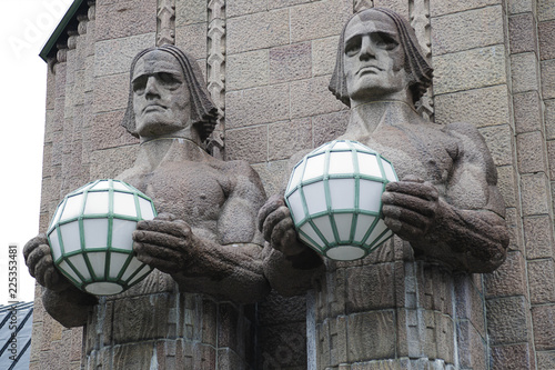 Detail of facade of Helsinki central railway station. Finland.