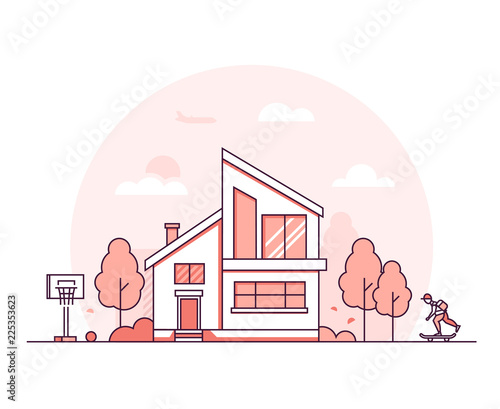 Town life - modern thin line design style vector illustration