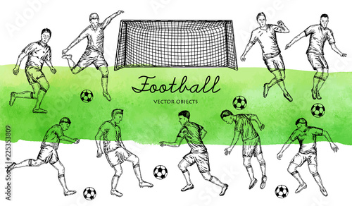 Vector illustration. Pen style drawn vector set. Football players. Vector objects set.