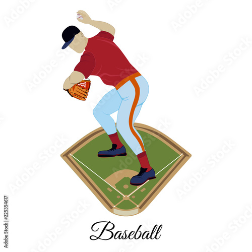 Baseball pitcher throwing ball vector flat illustration