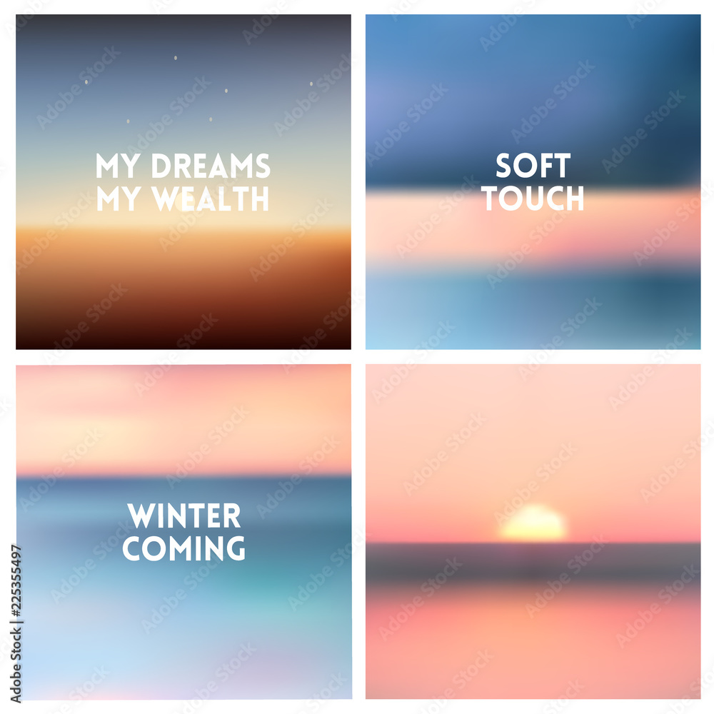 Abstract vector multicolored blurred background set. 4 colors set. Square blurred pink backgrounds set - sky clouds sea ocean beach colors