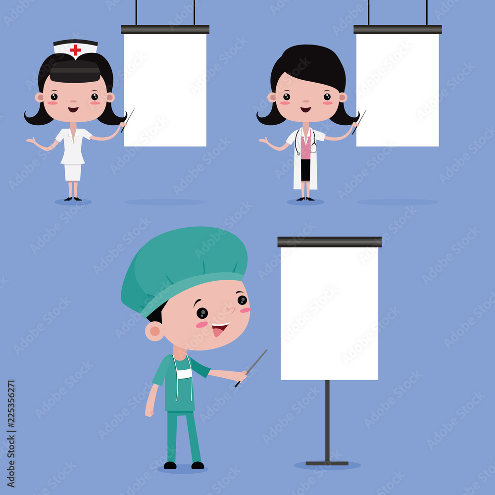 Nurse and Doctor on presentation, vector cartoon Nurse and Doctor on presentation, vector cartoon