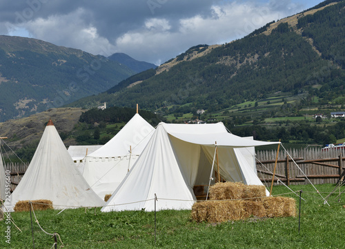 Small group of tents at the Medieval games (Ritterspiele) in Schluderns(Sluderno) in Sud Tyrol, Italy.