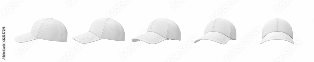 3d rendering of five white baseball caps shown in one line from side to front view on a white background. 3d rendering of five white baseball caps shown in one line from side to front view on a white background.