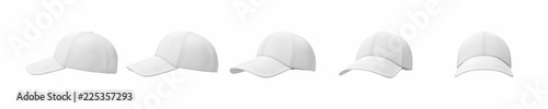 Фотография 3d rendering of five white baseball caps shown in one line from side to front view on a white background