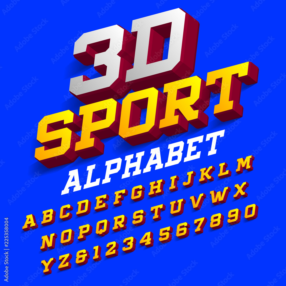 3D sport alphabet font. Three-dimensional effect retro letters and numbers with shadow. Stock vector typeface for your design.