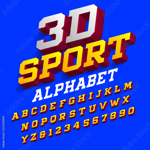 3D sport alphabet font. Three-dimensional effect retro letters and numbers with shadow. Stock vector typeface for your design.