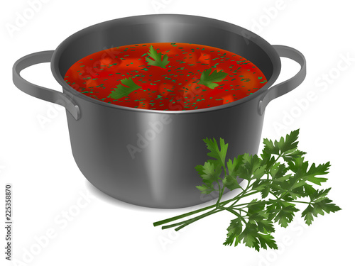 Metal pan with red soup and parsley on white background. Realistic style. Vector illustration.