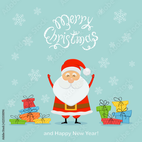 Happy Santa with colored presents on a blue Christmas background