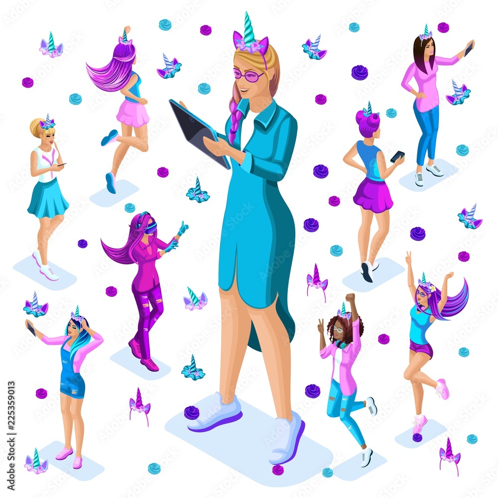 Isometry of a large girl against the background of small teenagers, a generation of Z, bright colors of clothes and hair, colorful, rainbow, unicorns, cake part7 Isometry of a large girl against the background of small teenagers, a generation of Z, bright colors of clothes and hair, colorful, rainbow, unicorns, cake part7